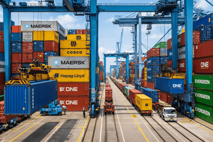 Global shipping vessels and port logistics infrastructure illustrating oversupply and demand divergence in the 2026 maritime market