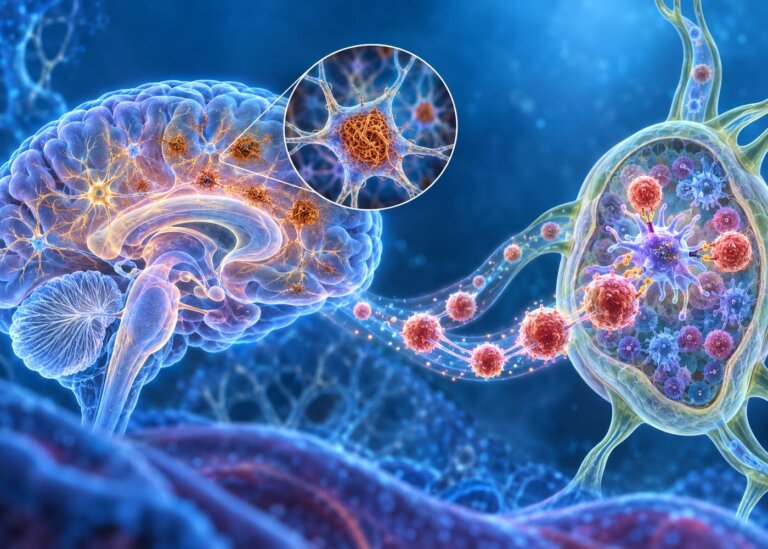 阿茲海默症tau病變與cDC1活化CD8 T細胞的腦外免疫路徑示意圖