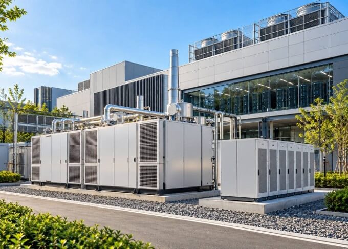 企業自供電示意圖：太陽能板與儲能設備
