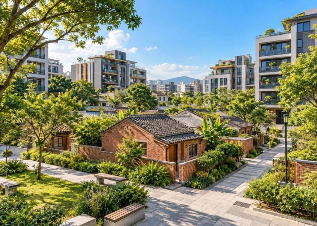 臺北老舊街區與公園綠地的都市更新情境示意圖